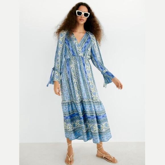 ZARA Botanical Paisley Satin Maxi Dress Tiered Ruffle Whimsical Cottagecore Blue - Picture 1 of 14